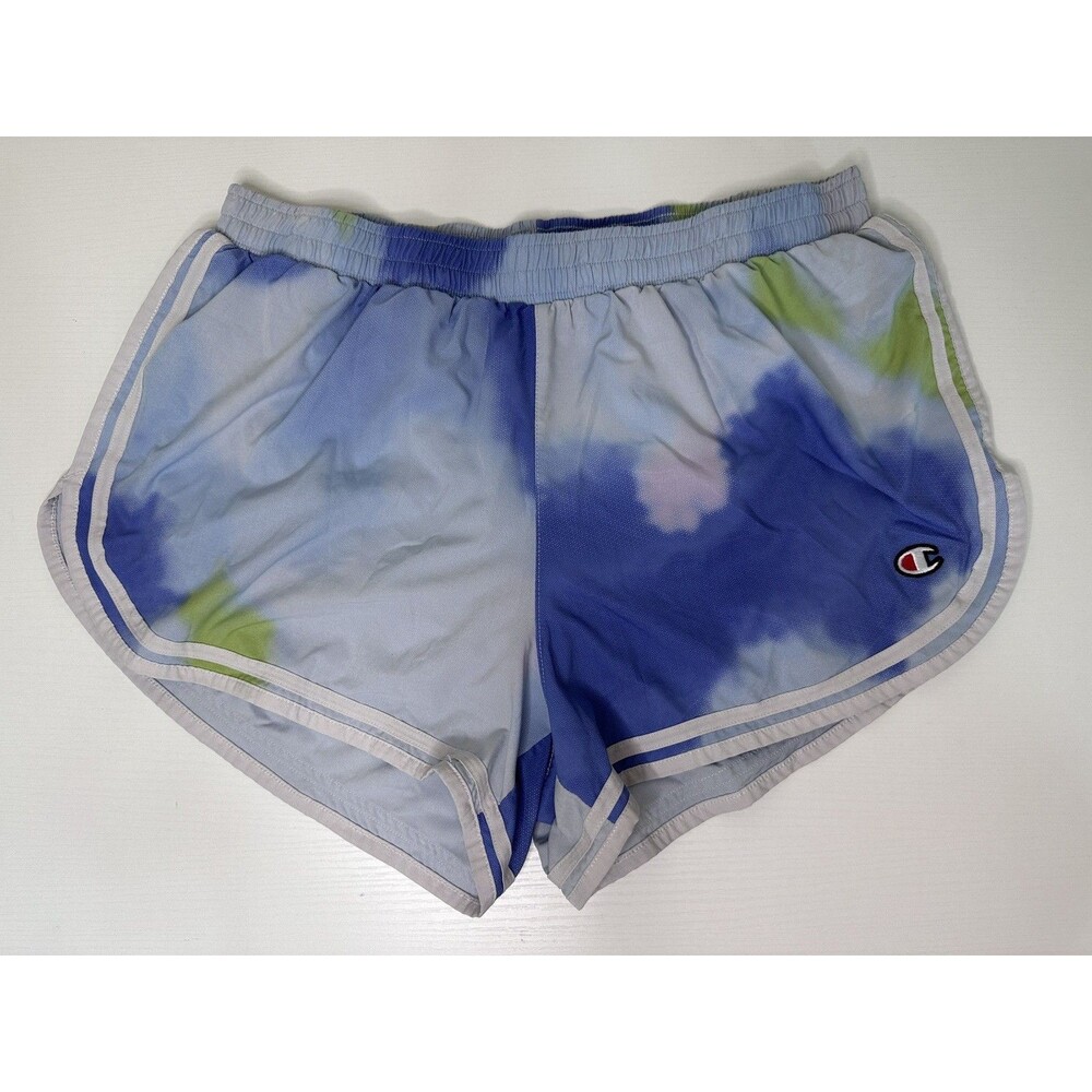Champion Varsity Athletic Running Shorts Women's Large Multi Cloud Tie Dye Blue